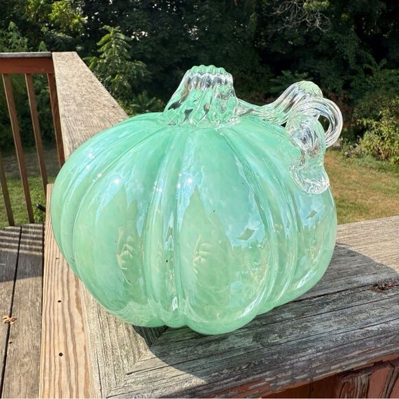 NEW Christian Siriano Mint Green Handblown Glass Pumpkin Art 6” - Picture 3 of 6